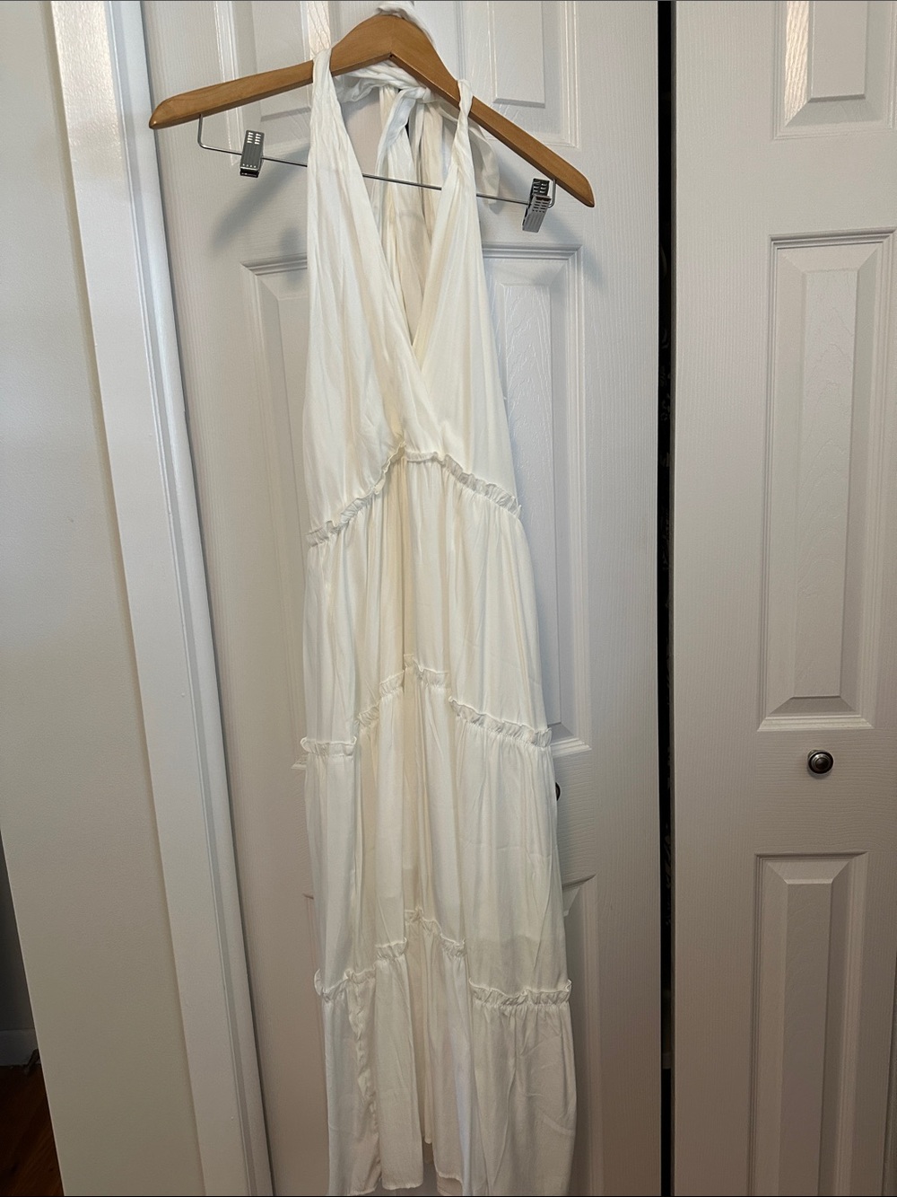SHEIN Cream Halter Tie-Back Tiered Maxi Dress